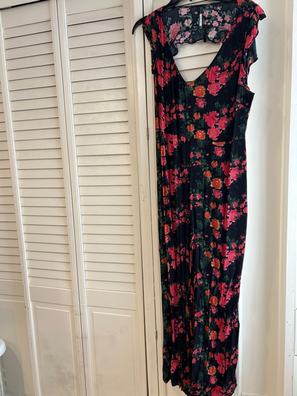 Anthropologie Black Floral Romper with Pink and Red Roses